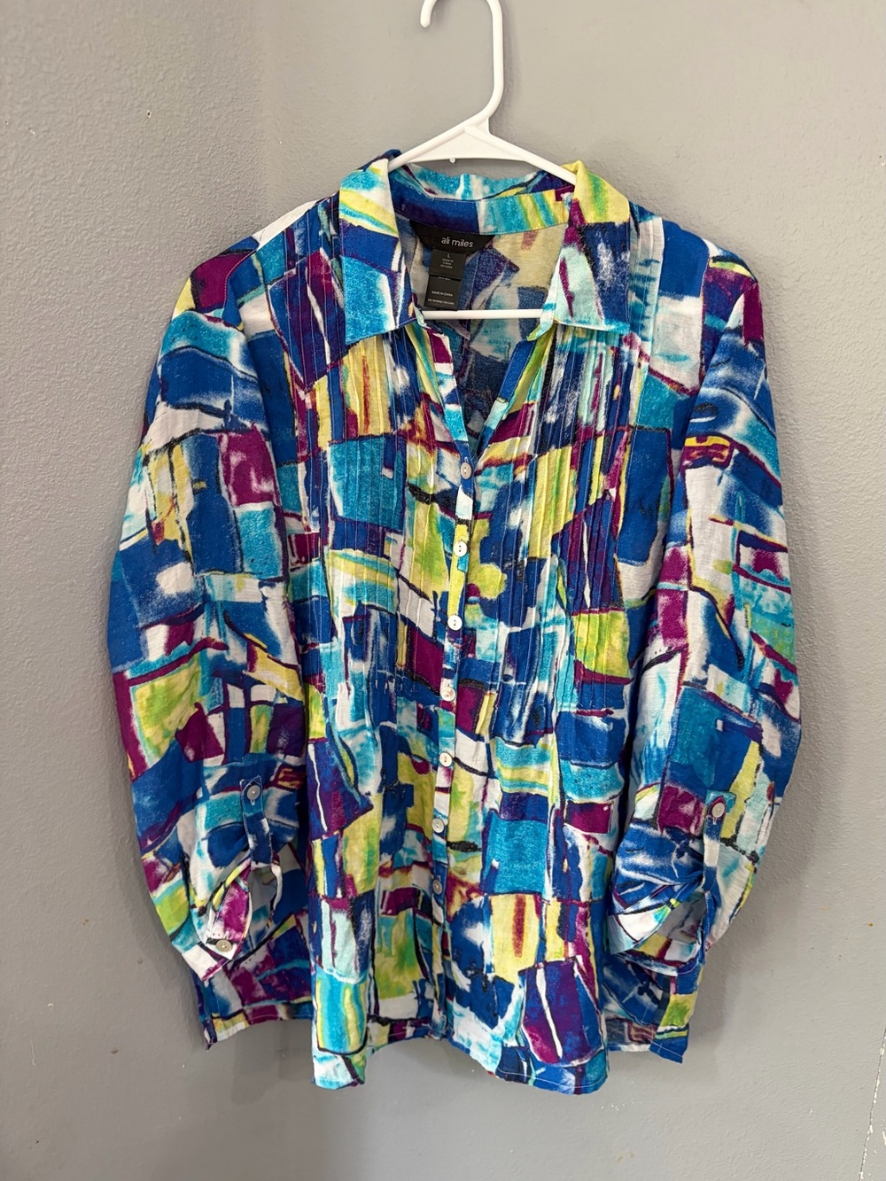 Ali Miles Multicolor Abstract Button-Up Blouse - Blue, Green, Purple large